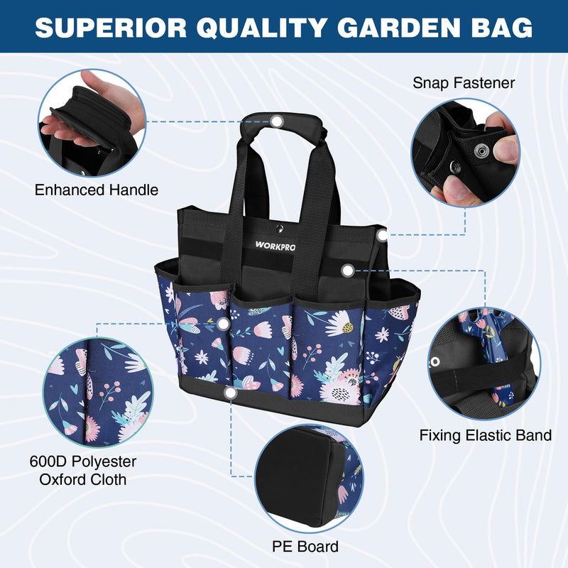 WORKPRO Garden Tool Bag, 9 Pockets Garden Tote Bag, Heavy Duty Oxford Garden Tool Storage Bag, Gardening Tool Kit Holder (Tools NOT Included), 12" x 12" x 6" (Blue Insects) Blue Insects