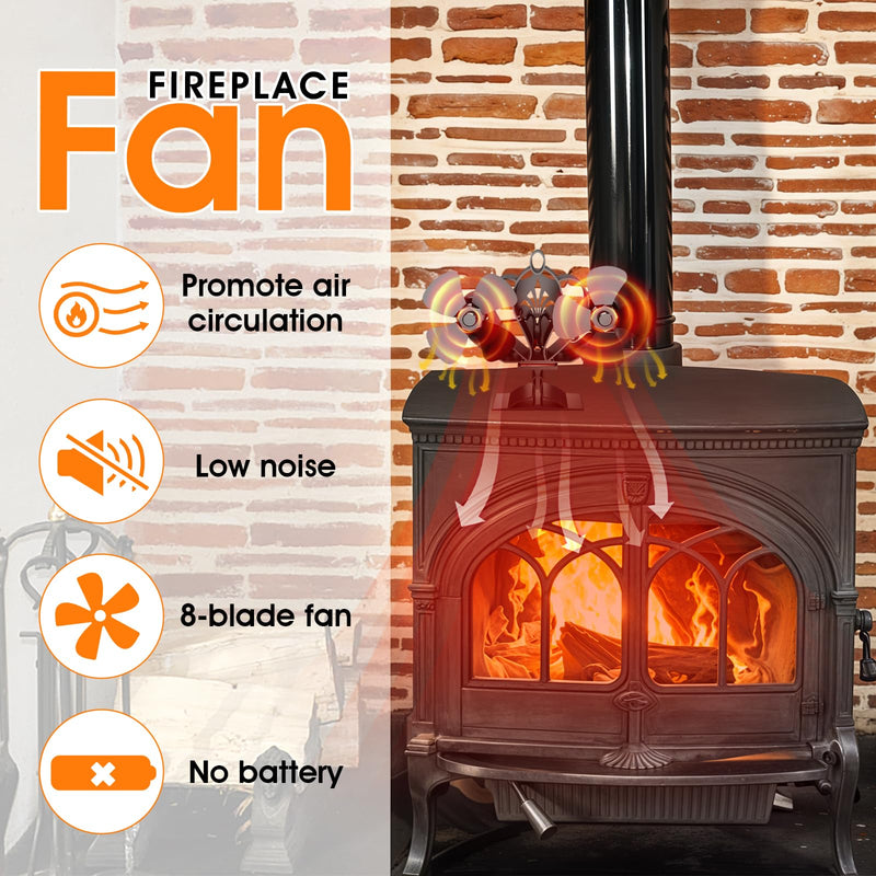 Wood Stove Fan, 8 Blades Heat Powered Fan with Magnetic Thermometer