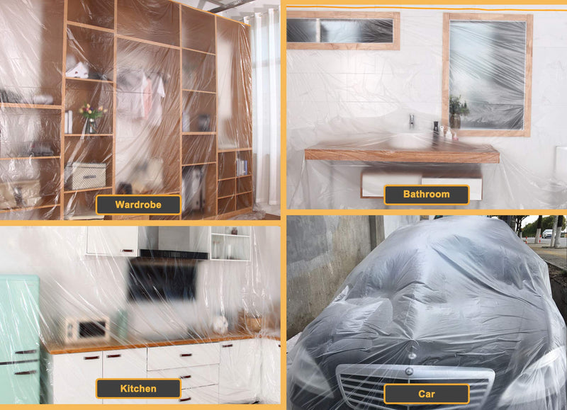 Muf 9 x 65 Feet Plastic Drop Cloth Plastic Sheeting with Masking Tape,Waterproof Protective Masking Film,Prevent Dust Paint for Car,Furniture,Carpet,Floor,1 Pack 1 9 × 65 feet