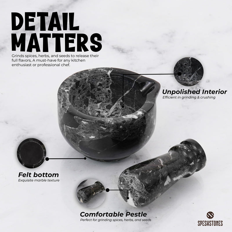 Marble Mortar and Pestle Set 3 Inch Black Handmade Small Spice Grinder for Kitchen Decor - Stone Pill Crusher Fine Powder, Herb Grinding Bowl, Garlic Crusher