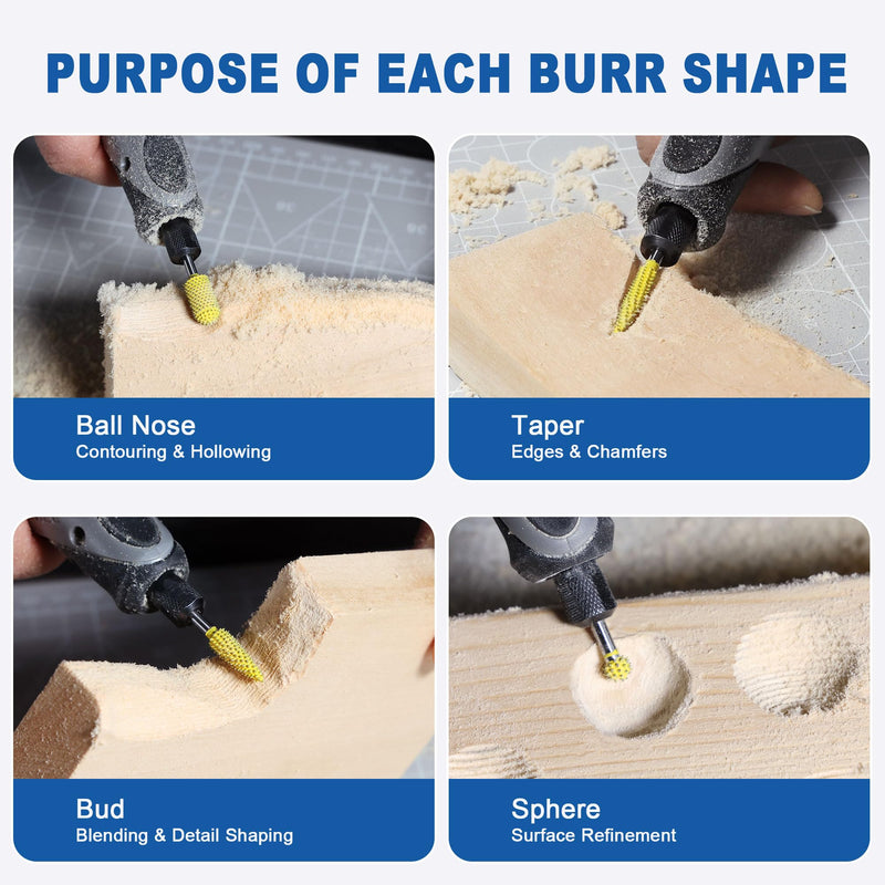 4-Piece Rotary Burr Set, Fine Grit Tungsten Carbide Rotary Burrs, 1/8" Shank for Wood Plastic Foam, for Dremel & Similar Tools 4-Piece Rotary Burr Set-Fine