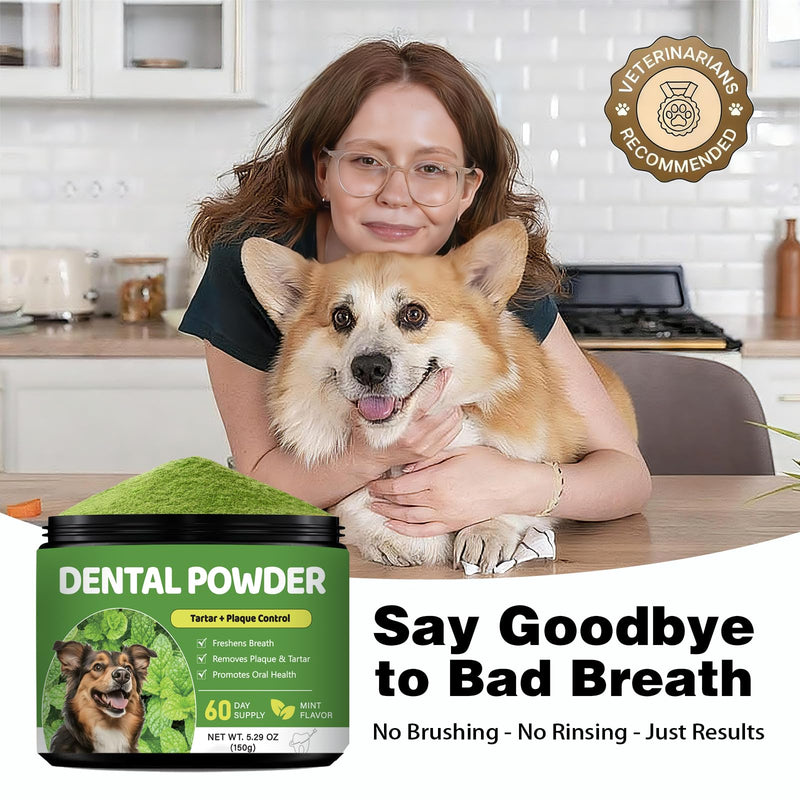 Dog Teeth Cleaning Powder, Dental Powder for Dogs Teeth Cleaning and Breath Fresh, Dog Tartar and Plaque Remover for Dental Care with Enzyme, Probiotics - Targets Tartar & Bad Breath - 150g 5.29 Ounce (Pack of 1)