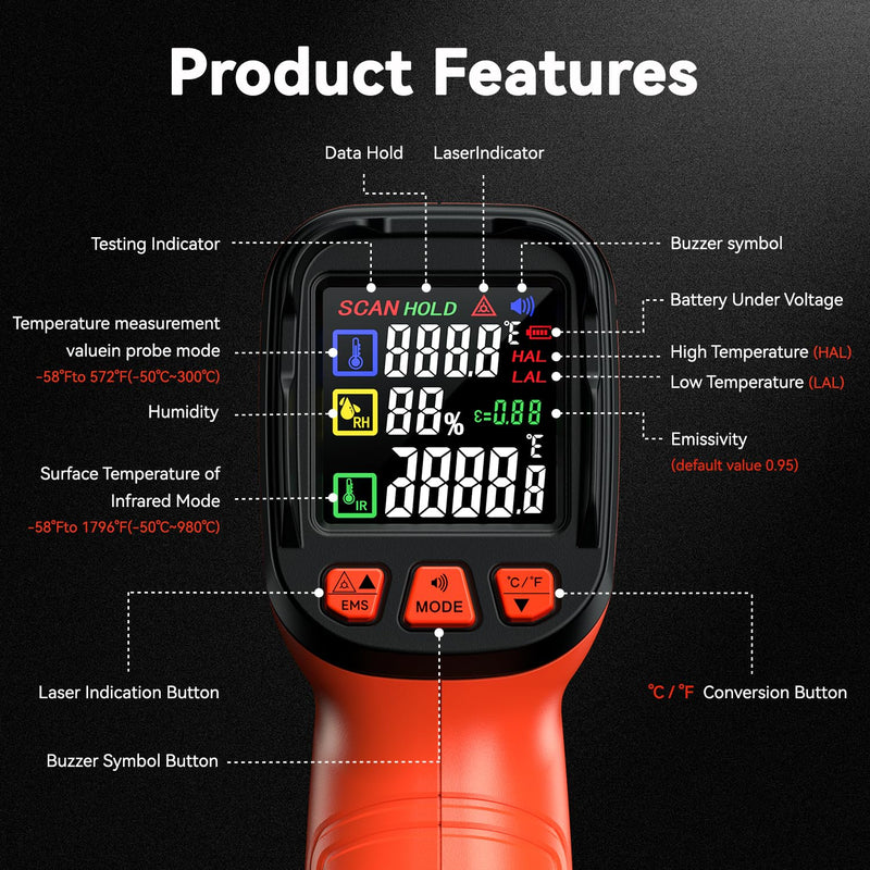 Infrared Thermometer Temperature Gun -58°F to 1796°, 16:1 Non Contact Laser Thermometer Gun with Thermocouple Probe for Humidity, Pizza Oven, Griddle, Ir Temp Gun for Home and Industry Repair orange