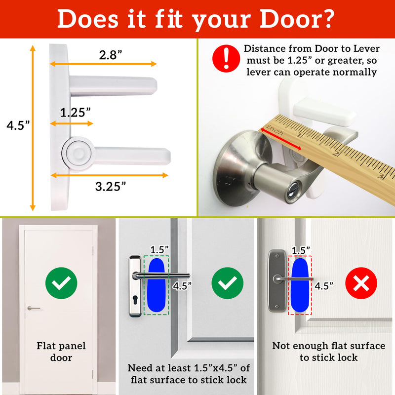 Door Lever Lock (3 Pack) Prevents Toddlers from Opening Doors. 3.25" L * 1.5" W * 4.5" H Easy One Hand Operation for Adults. Durable ABS with 3M Adhesive Backing. Simple Install, No Tools Needed. White