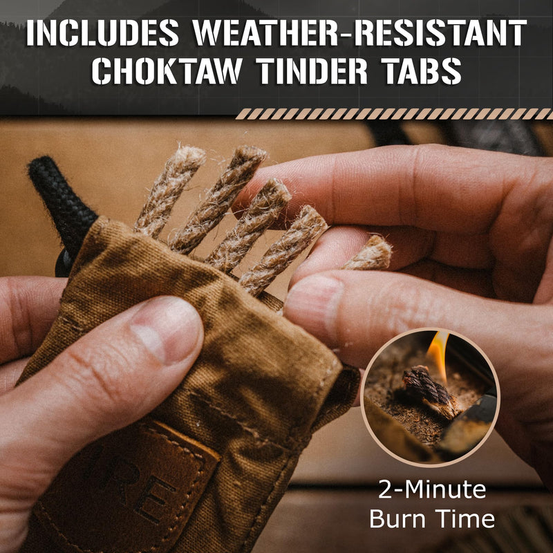 Mini Emergency Fire Starter Kit 4.5” x 2.5” x 1”, 2.5oz - Compact All-Weather Survival Fire Making Kit with Ferro Rod, Cerastrike Ceramic Scraper, Tinder Tabs & Canvas Storage Bag