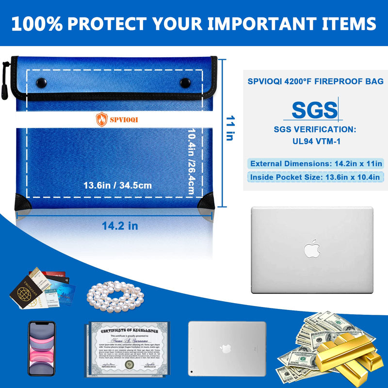 Upgraded Fireproof Document Bag - 5200F Heat Insulated, 14.2"x11" Fireproof Money Bag with 8 Layers of Functional Materials, Water & Fire Proof with Zipper/Metal Snap/Reflective Strip Blue Large Size