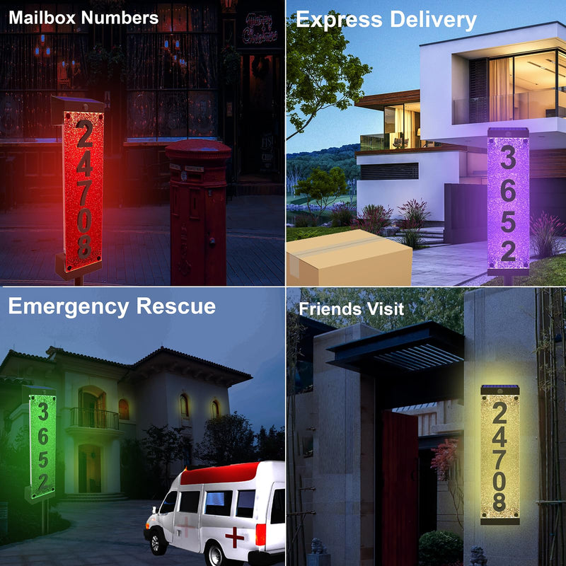 Solar House Numbers for Outside, Acrylics Solar Address Sign with Iron Stakes, Waterproof RGBW Color Changing Remote Control, Lighted Modern Address Plaque Solar Powered for Street Yard Home Multi Digit Multi Color