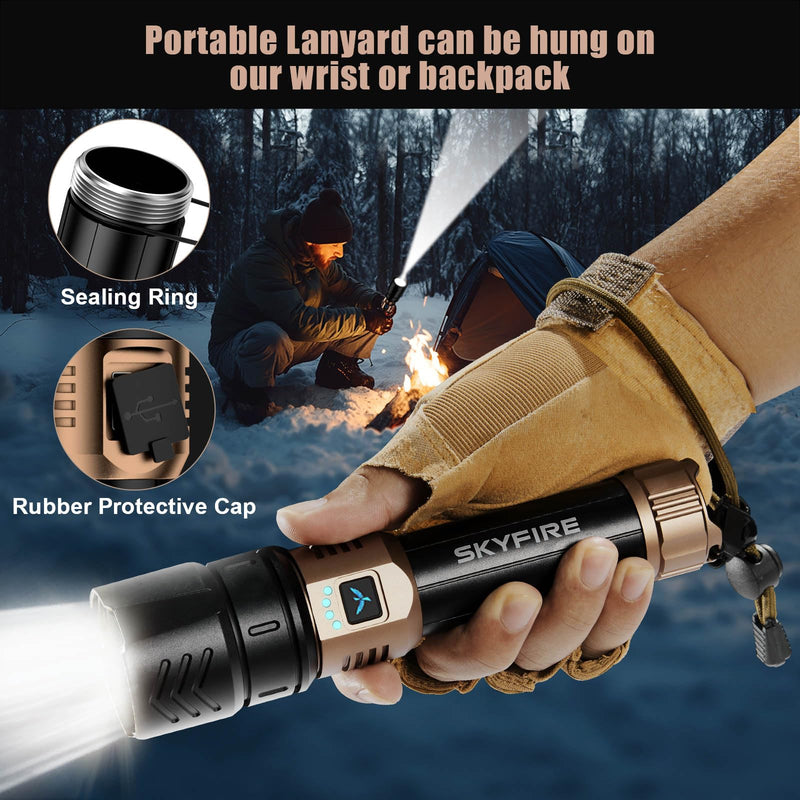 SKYFIRE LED Flashlights High Lumens with Ignition Lens,2000lm Super Bright Rechargeable Flashlight, Zoomable,Four Modes,Waterproof Tactical Flash Light for Camping Essentials,Outdoor and Home,Gift Rechargeable Flashlight-Black & Gold with Ignition Lens