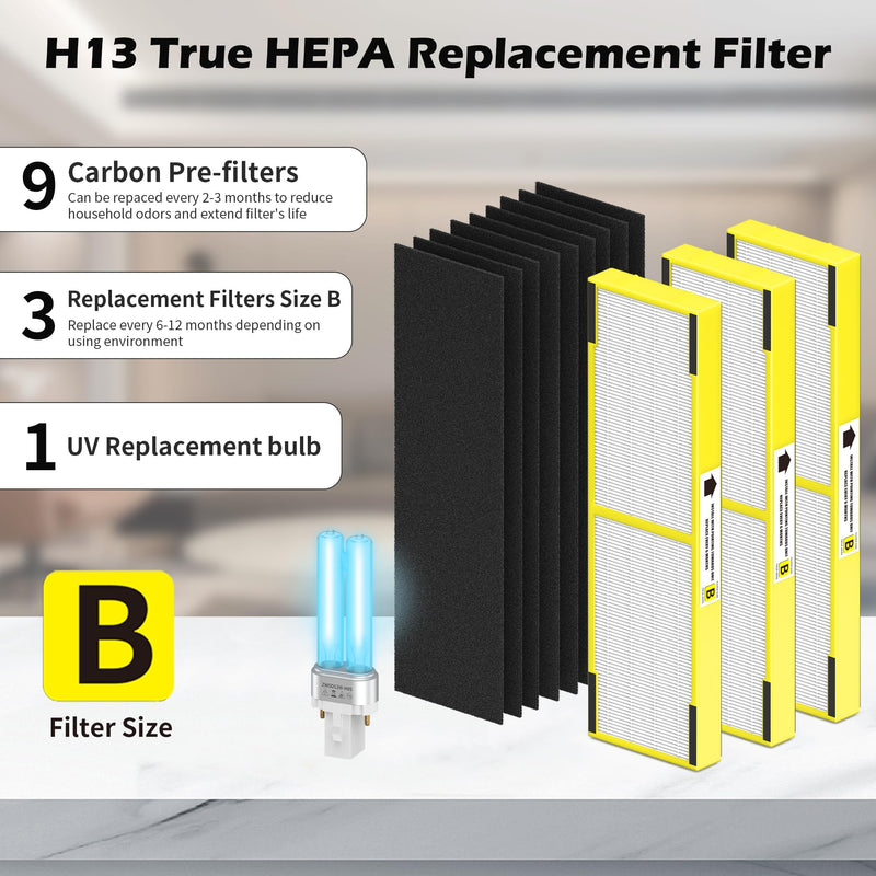 3 pack FLT4825 Filter B Replacement ＆ LB4000 Compatible with G-Guardian Filter B Purifier AC4825 AC4825E AC4300 AC4800 AC4900 AC4850, 3 HEPA Filters + 9 Carbon filters+ 1 lb4000 uv light bulb Pure 3HEPA+9Carbon+1 LB4000 uv bulb
