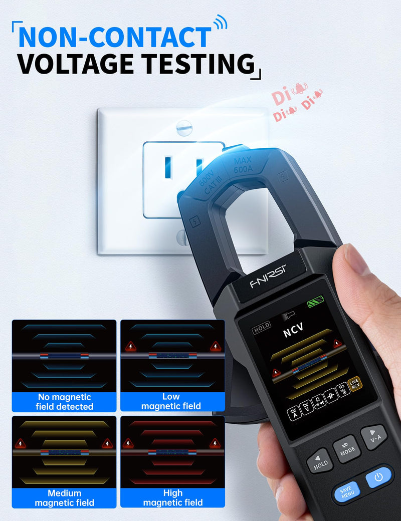 FNIRSI DMC-100 Digital Clamp Meter Multimeter 10000 Counts, Voltage Amp Tester 600A with Flashlight, AC/DC Voltage, AC/DC Current, Capacitance, Resistance, Continuity, Diode, Temperature, NCV