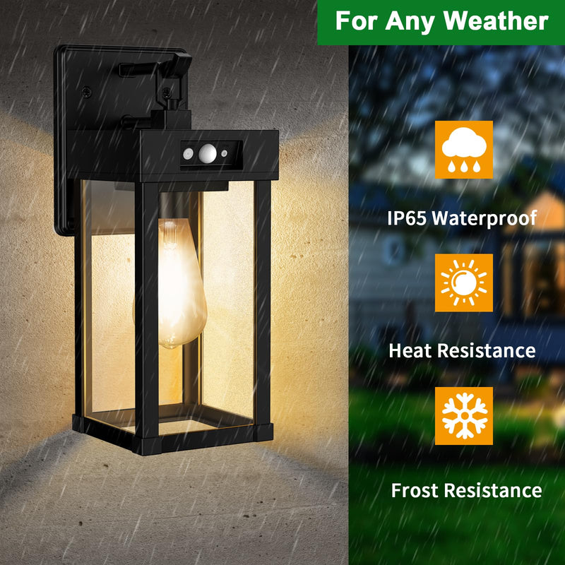 Auzev Outdoor Solar Wall Lights Fixtures Exterior Solar Lantern Lights With Clear Panel, Motion Sensor 3Lighting Modes Modern Sconce Waterproof Outside Lamp for House Garage (Black-1P) Black-1Pack