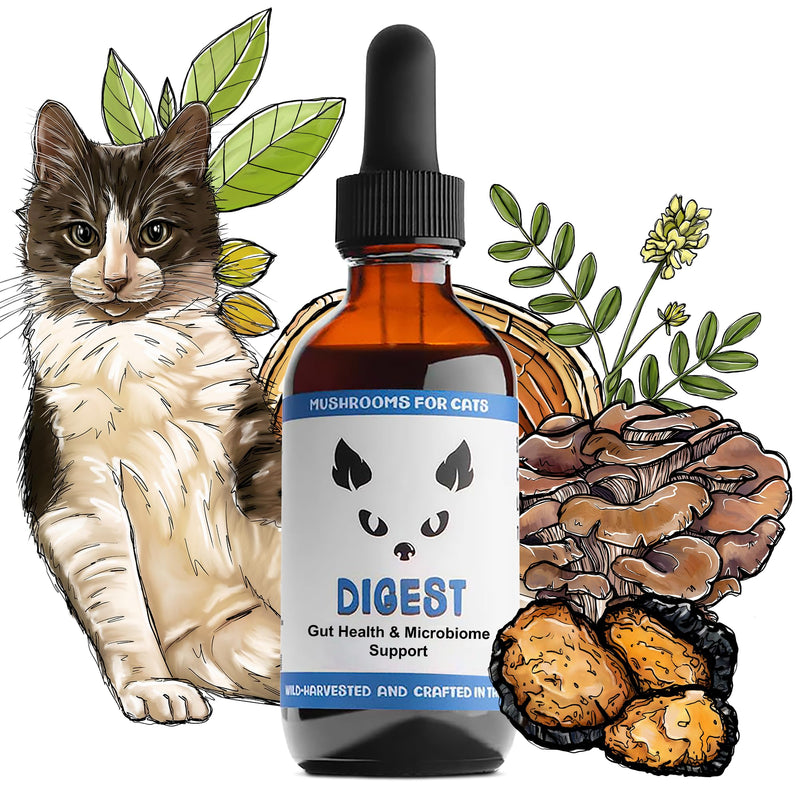 MycoCat Digest - Mushroom Extract & Adaptogen Tincture Cat Supplement - Cat Digestive Support Blend - Roots, Herbs, & Mushroom Extracts Including Chaga, Shiitake, & Turkey Tail
