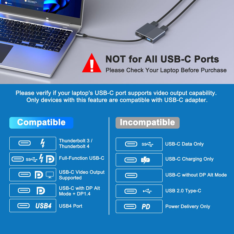 USB C to Dual DisplayPort Adapter with USB3.0/PD, 4K@60Hz 4-IN-1 DisplayPort Splitter for Dual Monitors Supports SST/MST Mode, USB C to Display Port Adapter, Displayport MST Hub for Dell/HP/Mac Laptop