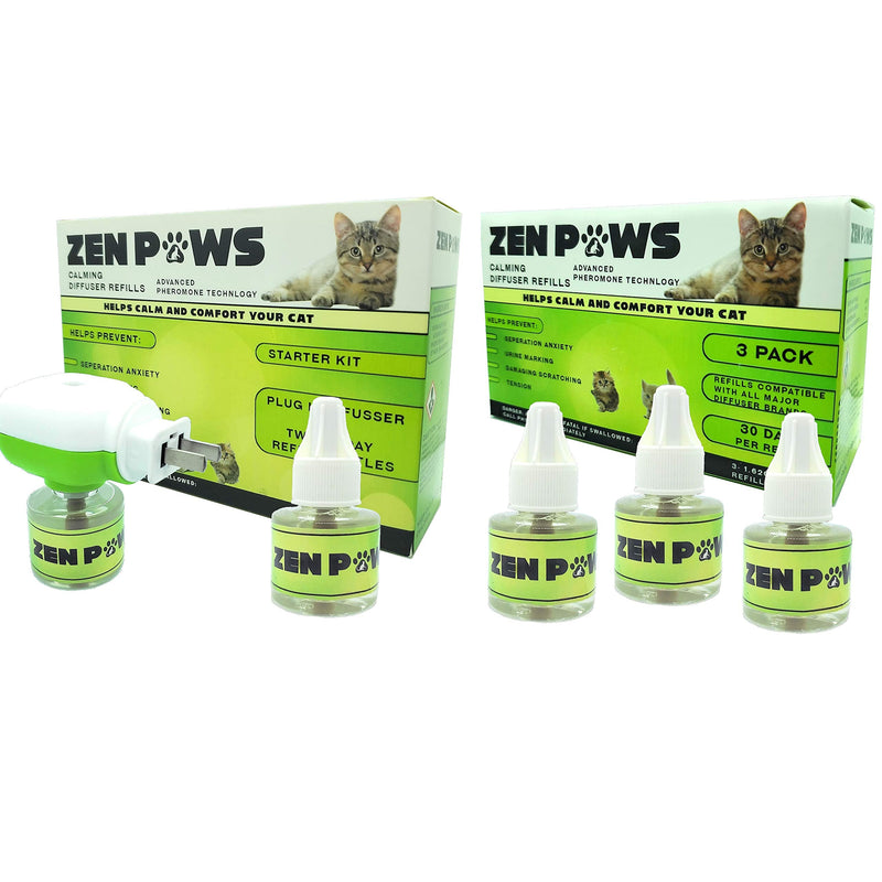 Zenpaws Kit - No Scent - 1 Diffuser + 5 Diffuser Cat Relaxant Refills + - Compatibility : Refills fit and are Compatible with All Major Brand diffusers. Comfort Zone, ThunderEase, Relaxivet and Others Difusser + 5 Bottles