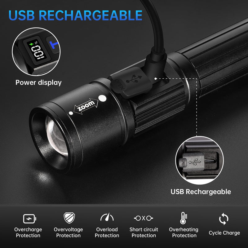 Rechargeable Flashlights High Lumens, 950,000LM Super Bright Flash Light, 5 Modes Zoomable Linternas with LCD Digital Display, Powerful Handheld LED Flashlights for Emergencies Camping Black