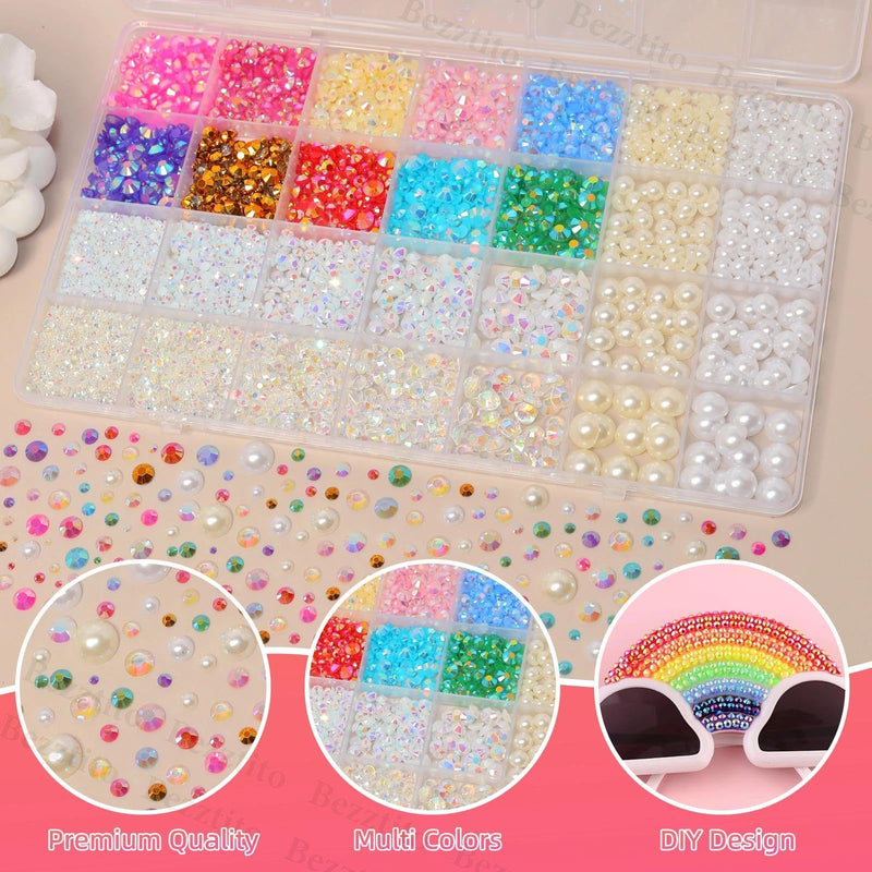 14000Pcs Colorful Jelly Flatback Rhinestones and Pearls for Bedazzling Kit, 2-6mm Resin Gems Bedazzling Rhinestone, 4-10mm Flatback Pearls Gems Rhinestones for Crafting DIY Face Makeup S18