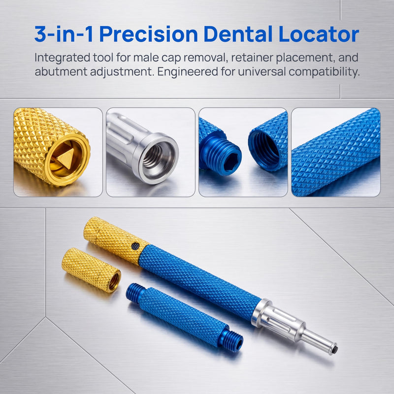 Implant Tooth Locator Core Tool, 3 in 1 Universal Dental Instrument for Overdenture Retention & Insertion, Golden Zinc Alloy with Gloves