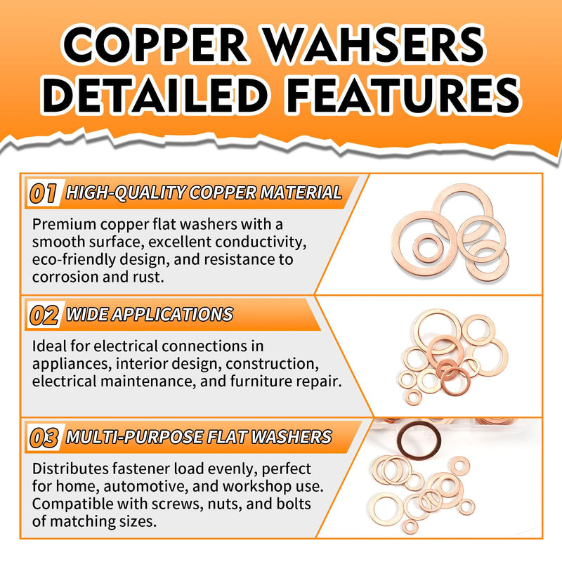 330 Pieces 12 Sizes Copper Washers, Crush Washer, Premium Copper Metric Flat Washers, Copper Sealing Washers Assortment Kit (M5 M6 M8 M10 M12 M14 M16 M20)