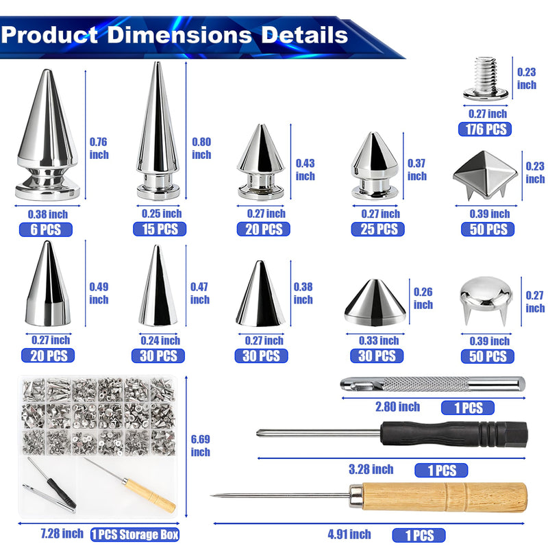 CeeVian Punk Studs for Clothing 455PCS Silver Punk Studs Rivets Kit 10 Size Metal Alloy DIY Spikes for Leathercraft and Punk Style Clothing Accessories DIY Craft Decoration Dog Collar 455