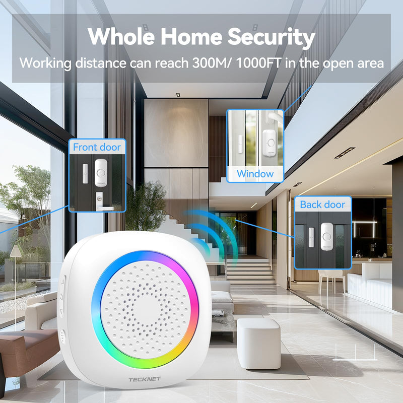 TECKNET Door Chime When Door Opens, Wireless Door Sensor Alarm Chime with 1000Ft Range, 61 Songs, 5 Volume Levels, RGB Light, Door Bells Chimes for Business/Store/Home/Office Entry Security Alarm 1 Receiver+1 Sensor White