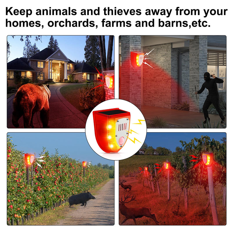 Qualirey 4 Pcs Solar Alarm Motion Detector with Sound Outdoor Motion Sensor 129db Barking Dog Strobe Light Gunshot Sound Alarm Detector Noise Maker Warning Lamp for Home Villa Yard Farm
