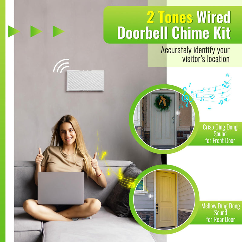 Saillong Wired Doorbell Chime Kit, 2 16V 10VA Lighted Doorbell Push Buttons with 2 Notes for Front, Rear Door and Doorbell Chime Box for Home Wall Inside, Compatible with Most Doorbells (Strip Style) Strip Style