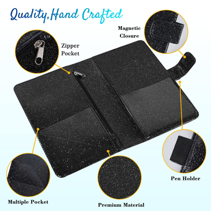 Server Book for Waitress-Leather Waitress Book Organizer with Zipper Pocket Cute Waiter Book Server Wallet with Magnetic Closure, Glitter Black