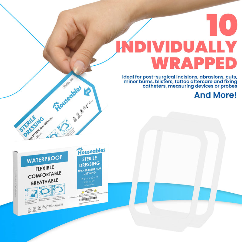 Houseables Waterproof Bandages, Transparent Film Dressing, Waterproof Bandages Post Surgical, 6x8, Dressing Waterproof, Waterproof Wound Cover, Surgical Bandage, Transparent Dressing, Showering, Large Clear - 10 Pack 5.9x7.87 Inch (Pack of 10)