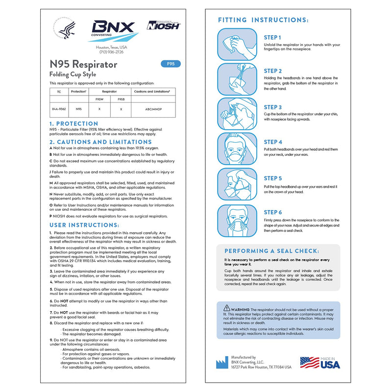 BNX N95 Mask NIOSH Certified MADE IN USA Particulate Respirator Protective Face Mask, Tri-Fold Cup/Fish Style, (50-Pack, Approval Number TC-84A-9362 / Model F95B) Black