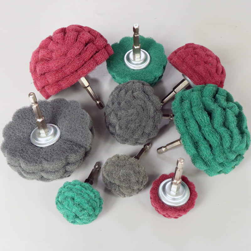 9PCS Scouring Pads Abrasive Buffing Polishing Wheel Drill Attachment Set, Non Woven Wheel Polishing Kit for Drill,Power Scrubber Drill Polishing Kit（Green red Gray 1/4” Shank