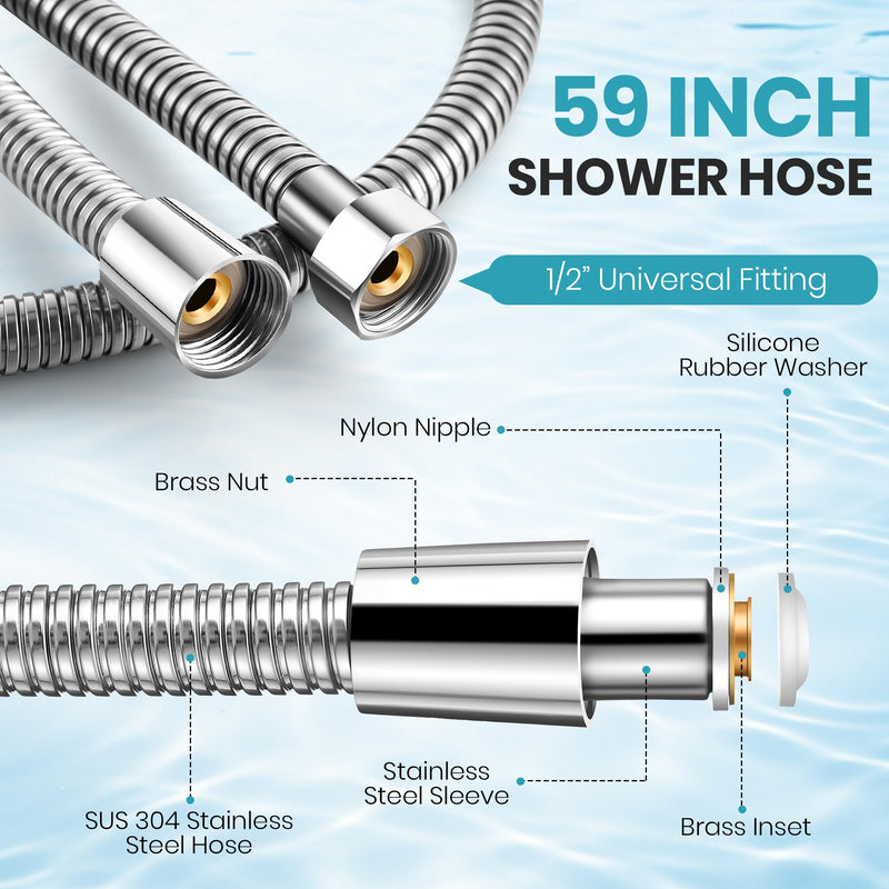 Dreyoo 3 Way Shower Arm Diverter Valve Kit, Solid Brass G1/2 Universal Shower Diverter for Handheld & Fixed Spray Head with 59" Stainless Steel Hose, Bathroom System Component, Plumber Tape, Chrome