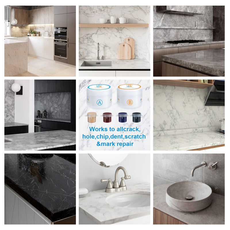 Marble and Granite Repair kit, Quartz Countertop Repair Kit for Chip Dents Cracks Holes Scratchs, Premium Marble Granite Quartz Laminate Formica Travertine Corian Stone Epoxy Filler