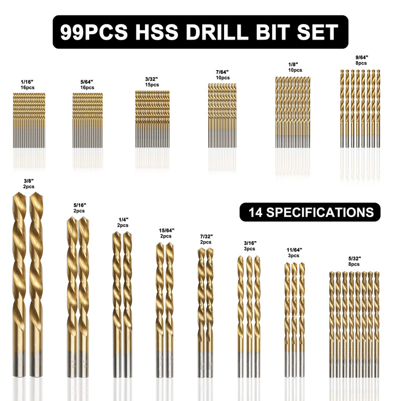 99 Pcs Drill Bit Set, 135° Tip Titanium Coated High Speed Steel, Twist Drill Bit Kit for Iron, Aluminum Alloy, Copper, Wood, Plastic, with Hard Storage 1/16"-3/8" 99PCS