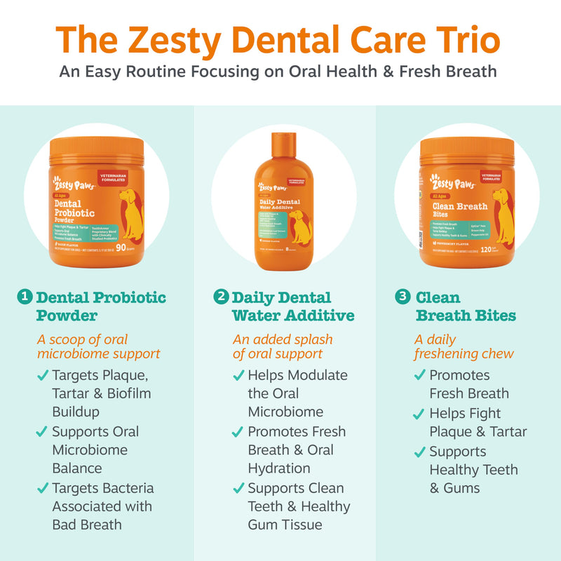 Zesty Paws Probiotic Dental Powder for Dogs Teeth - Fights Plaque, Tartar & Bad Dog Breath - Dog Teeth Cleaning Powder for Oral Microbiome & Gut Health - Pet Supplement for Dental Health 90 Count (Pack of 1)