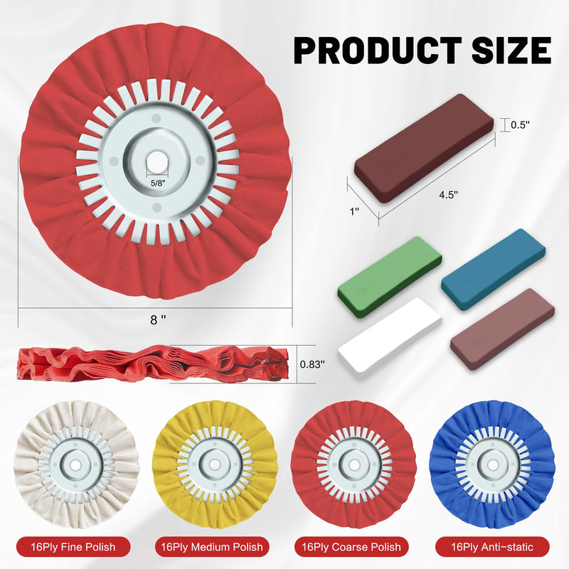 8" Airway Buffing Wheel, 9Pcs Aluminum Polishing Wheel Kit for Angle Grinder, Polishing Compound and Metal Polishing Pads for Stainless Steel Chrome Car Polish Mirror Finish (5/8" Arbor Hole)