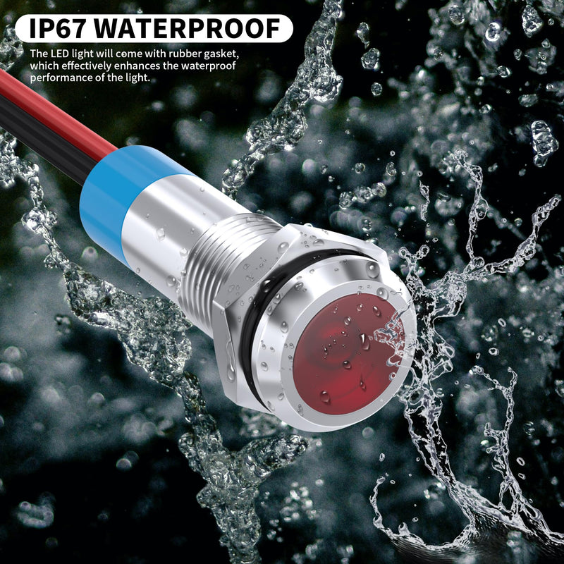 DaierTek LED Indicator Light 12V Red LED 6MM Metal Waterproof 12 Volt Indicator Light 1/4" Flat Head Pilot Light Panel Mount with Wire for Automotive Car -10Pcs 10pcs