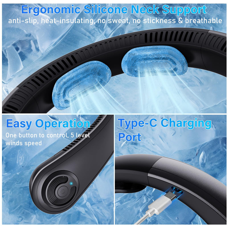 Neck Fan - Portable Neck Fan with Neck Support, 5 Speeds, All Around Airflow, Hand-free Bladeless Personal Cooling Fans, Rechargeable Wearable Fan for Outdoor and Indoor, Festival Gifts for Men Women Black