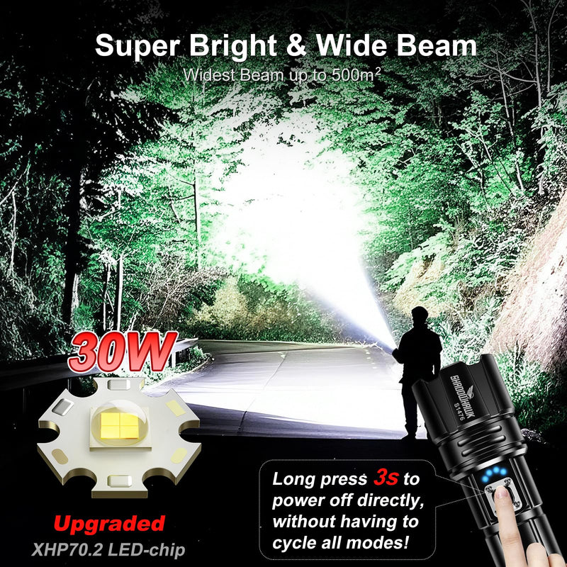 Flashlight 10000 High Lumens Rechargeable - 30W Super Bright LED Flash Light | 5000ft Beam & 12H Long Lasting USB C High Powered Handheld Police Flashlight for Home, Camping, Hiking, Emergency Black