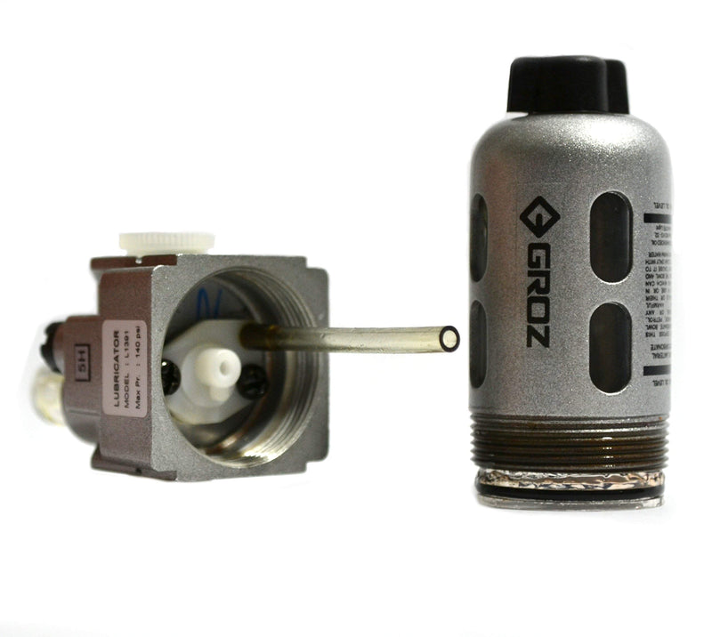 Groz Miniature Air Line Lubricator, 1/4" NPT, Fog/Micro-Mist Type, 48 CFM Max Flow, 145 PSI, Polycarbonate Bowl with Steel Guard, Die-Cast Aluminum Head, ISO 6301-1, 100% Factory Tested (60251)