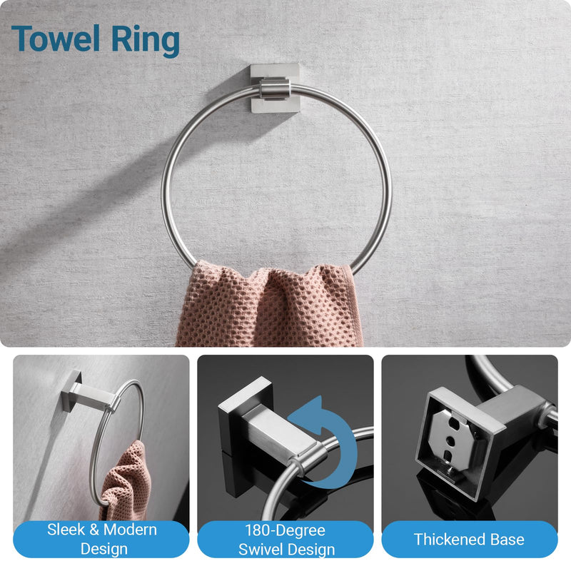 Miyili 4-Piece Bathroom Accessories Set - Includes Towel Ring, Toilet Paper Holder & 2X Towel Hooks, Brushed Stainless Steel Wall Mounted