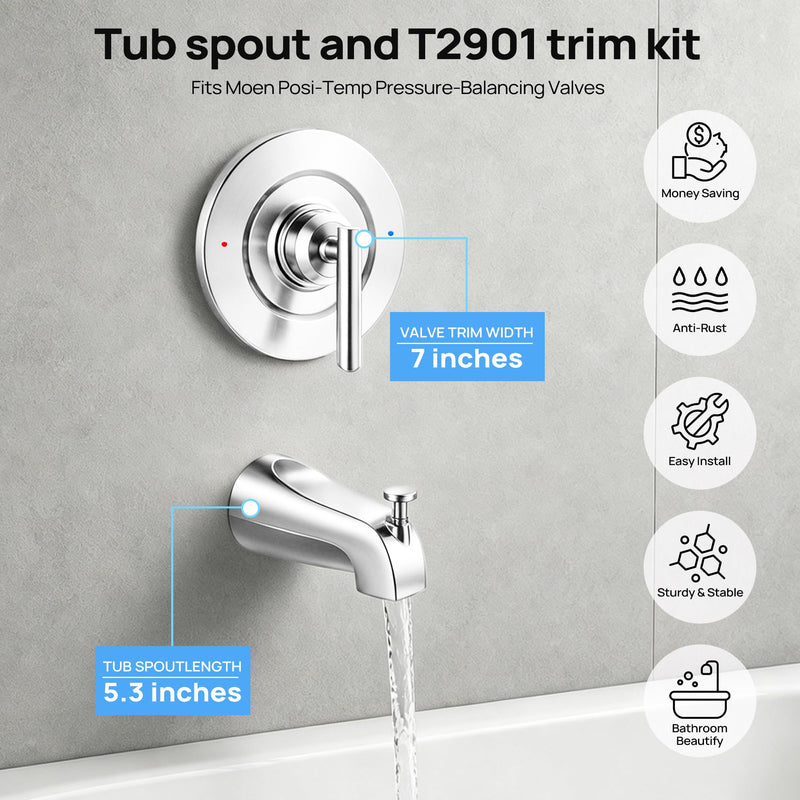 Shower Trim Kit with Tub Spout, Compatible with Moen Gibson Posi-Temp T2901 Polished Chrome