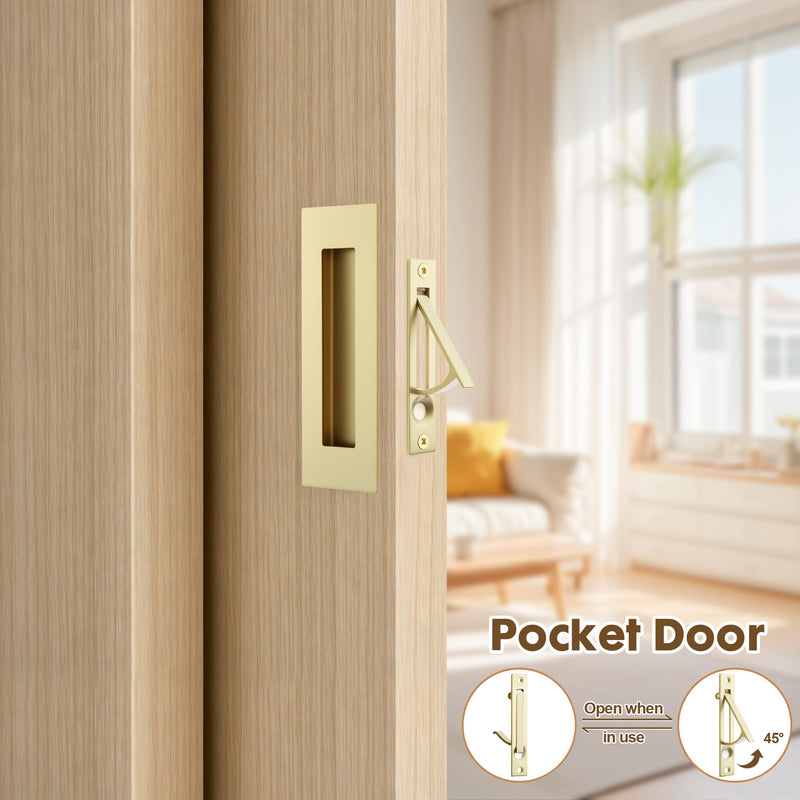 Pocket Door Hardware Set – 2 Recessed Flush Finger Pulls & 1 Edge Pull, Made of 304 Stainless Steel, Template Included, Gold