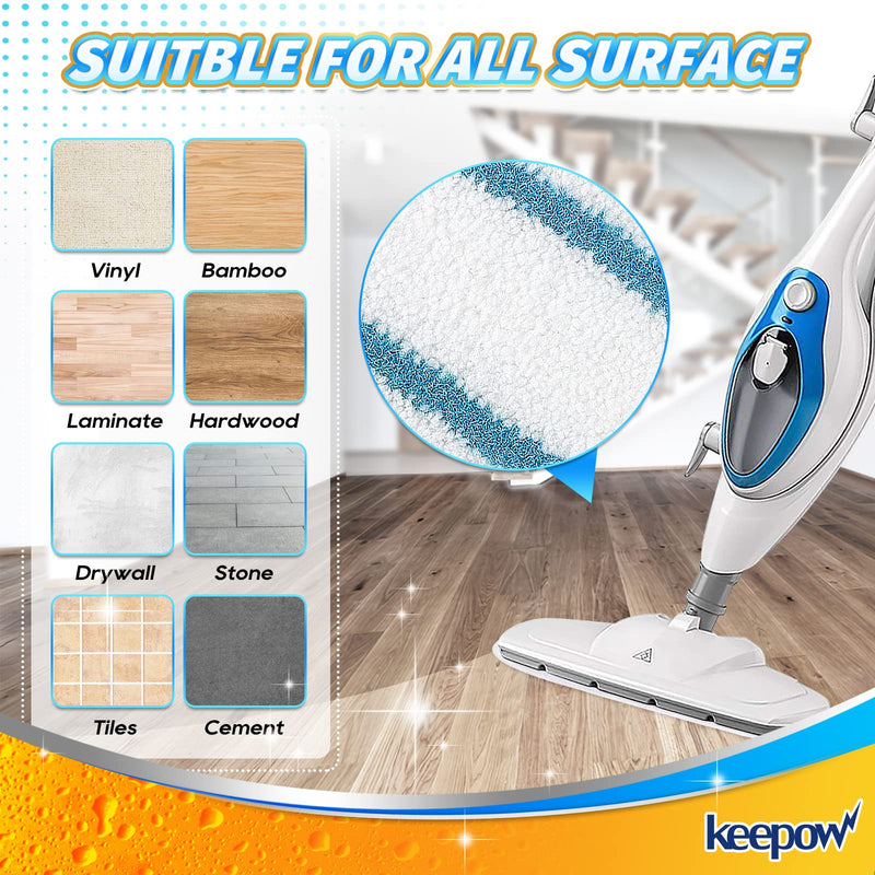 KEEPOW Steam Mop Pads Compatible with PurSteam Steam Mop Cleaner 10 in 1/ThermaPro 211, Reusable Microfiber Pur Steam Replacement Steamer Mop Pads Whole House Multipurpose Use (8 Pack) White/Blue