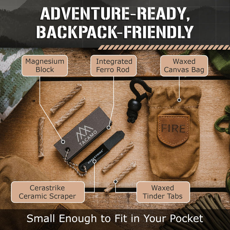 Mini Emergency Fire Starter Kit 4.5” x 2.5” x 1”, 2.5oz - Compact All-Weather Survival Fire Making Kit with Ferro Rod, Cerastrike Ceramic Scraper, Tinder Tabs & Canvas Storage Bag
