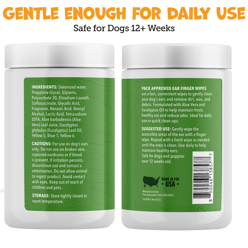 Pack Approved Finger Ear Wipes for Dogs with Aloe Vera and Eucalyptus - Convenient, Extra-Coverage, and Large Design Dog Ear Cleaning Wipes - Removes Wax and Freshens Ears - 50 Wipes Finger Wipes