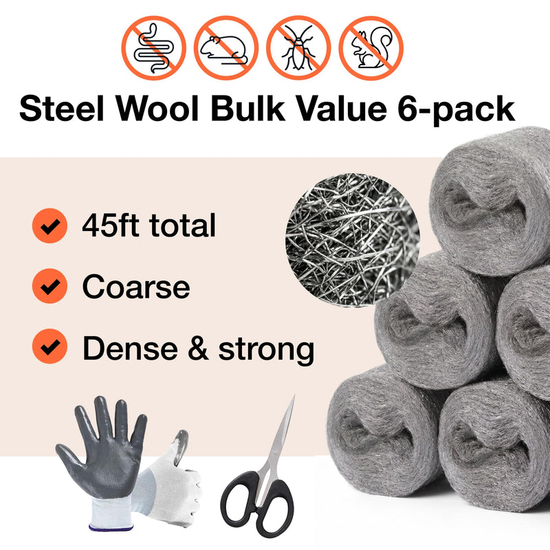MaPorch 6-pc Steel Wool Mice Control, Mouse Hole Filler, Scissors & Gloves 6-Pack