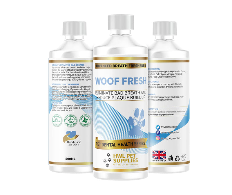 HWL Pet Supplies - WOOF FRESH - Dog Breath Freshener - Advanced Dental Water Additive - Eliminate Bad Breath & Reduce Plaque/Tartar Buildup - Mouthwash For Dogs - Made In UK - PawsPlanet Australia