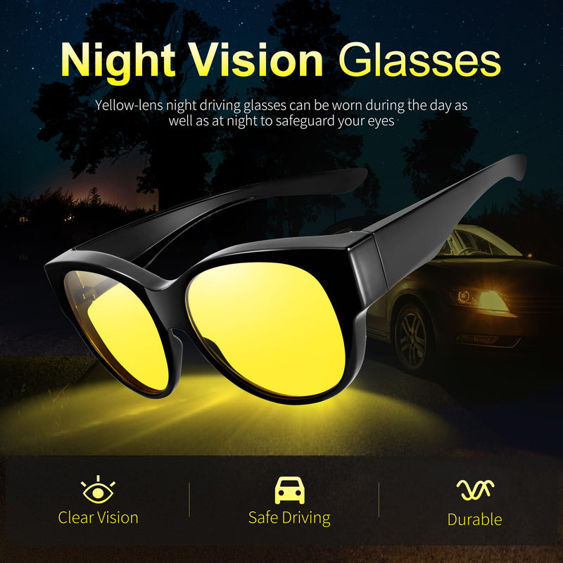 Polarized Sunglasses Over Glasses Women, Fit Over Glasses Sunglasses,Cat Eye Trendy Sun Shades UV400 Protection P12 Glossy Black/Night Vision Lens
