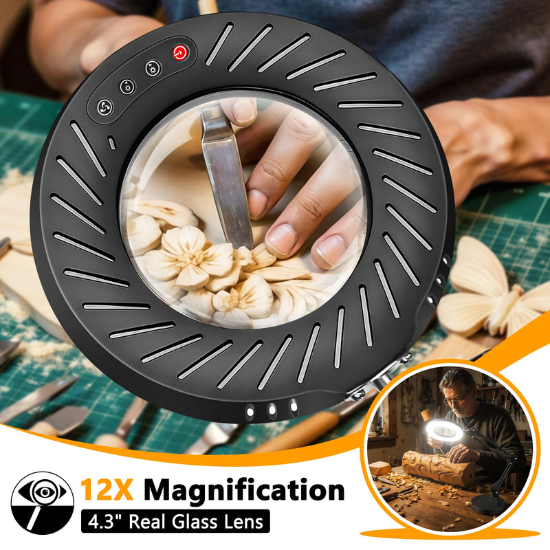 12X Magnifying Glass with Light and Stand, 9 Dimmable Brightness, 5 Color Modes, Hands Free Metal Magnifying Lamp with Clamp for Craft Reading Painting Sewing Hobby Close Work