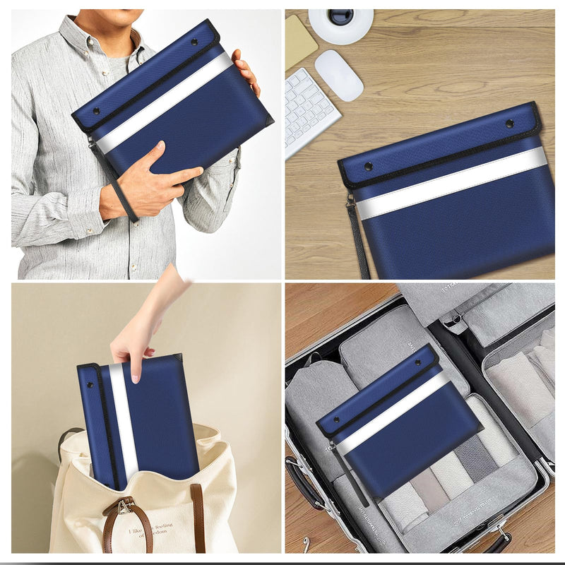 5200°F Heat Insulated Fireproof Document Bag with Zipper,13.9”x10.6” Water Fire Proof Pouch with Reflective Strip,8 Layers of Protective Materials Fireproof Money Bag for Cash,Jewelry(Blue) Blue Large size